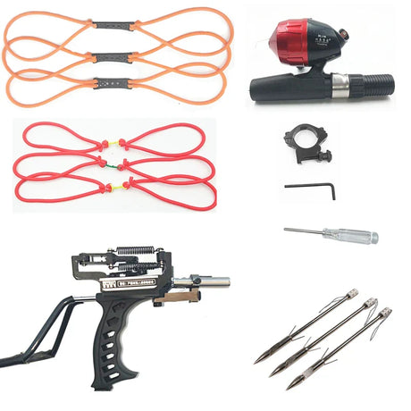 Powerful Hunting Metal Slingshot with Double Spring Design and Fishing Package, Fishing Reel Darts To Enhance Power Outdoor Toy