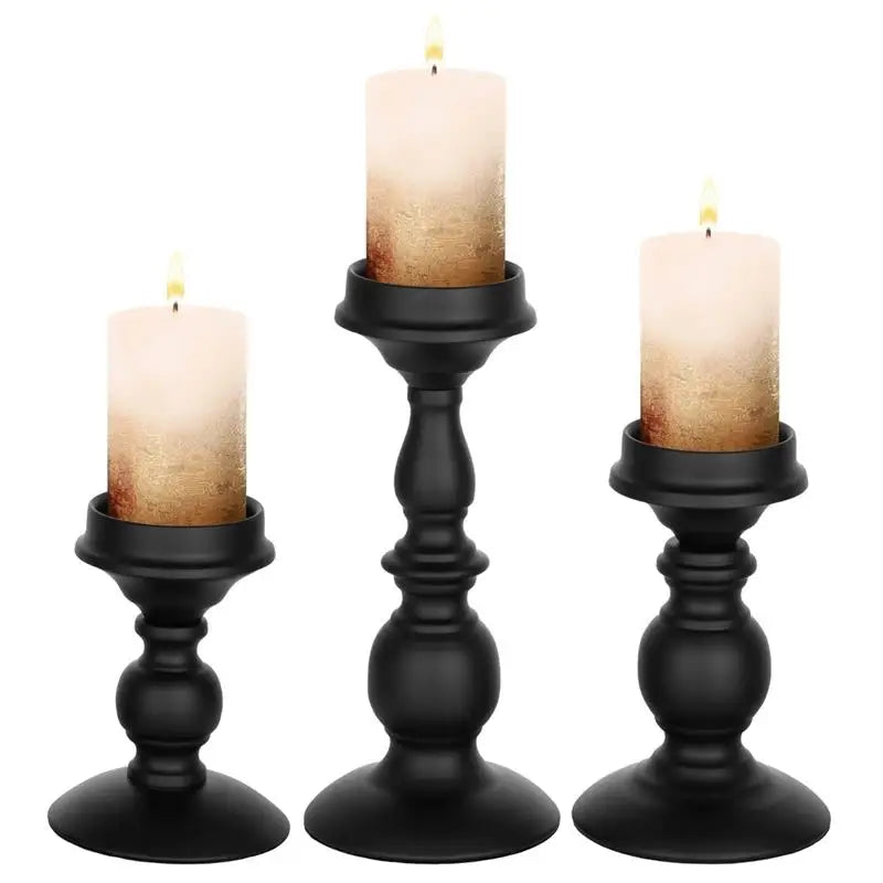 3Pcs Retro Candle Holders Iron Candle Stands 5.3/6.8/9.1 Inches Tall Pillar Candle Holder Set Black Scented Candle Stands Decor