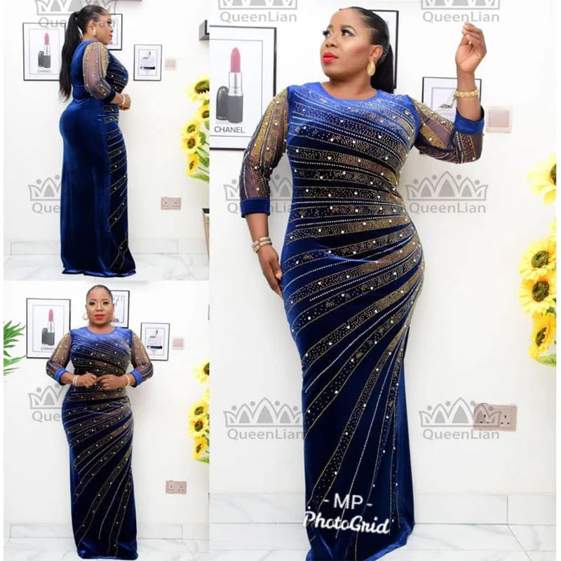 2023 New Design African VeLvet Pearl Diamond Long Tight Dress Big Elastic Material  For Lady(DZ4))