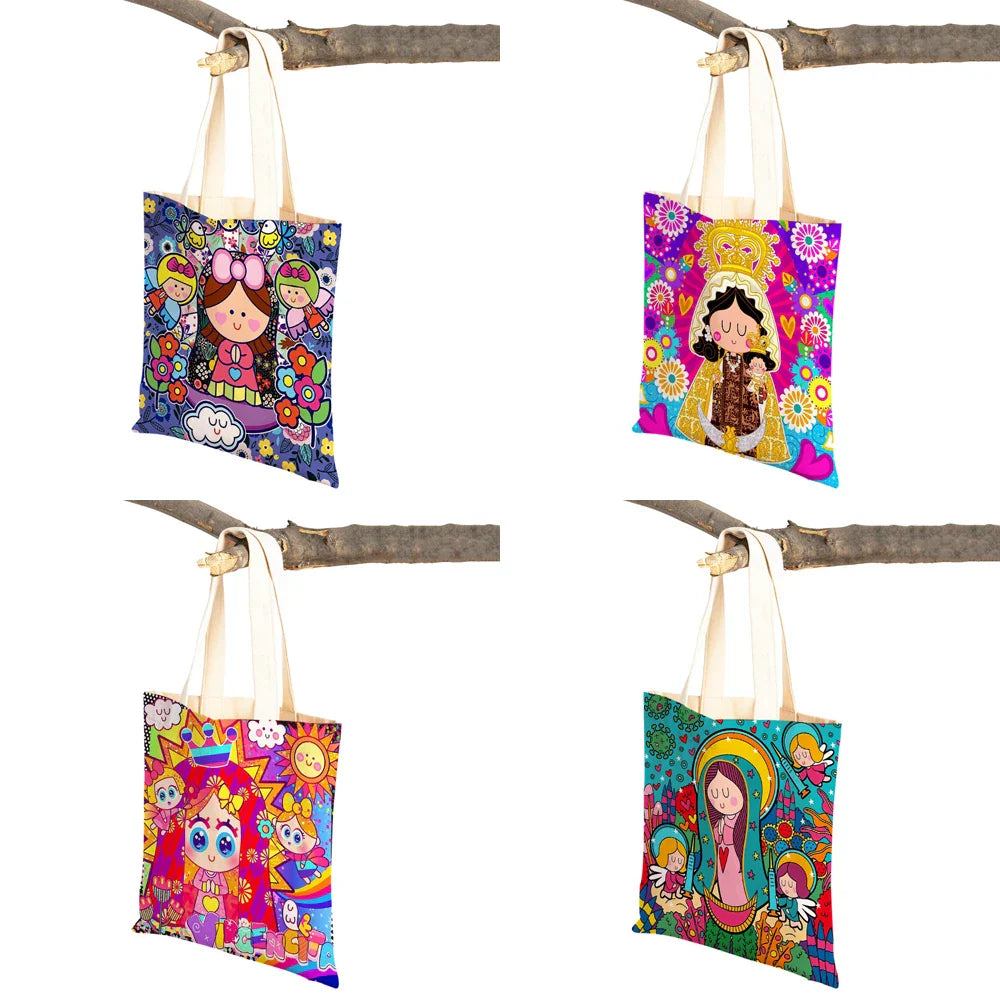 Ladies Shopping Bag Cartoon Virgin Mary Series Handbag Foldable Reusable Cloth Shopper Harajuku Style Student Canvas Tote