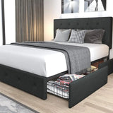 Allewie-Upholstered Queen Size Platform Bed Frame, 4 Storage Drawers and Headboard, Diamond Stitched Button, Tufted Mattress