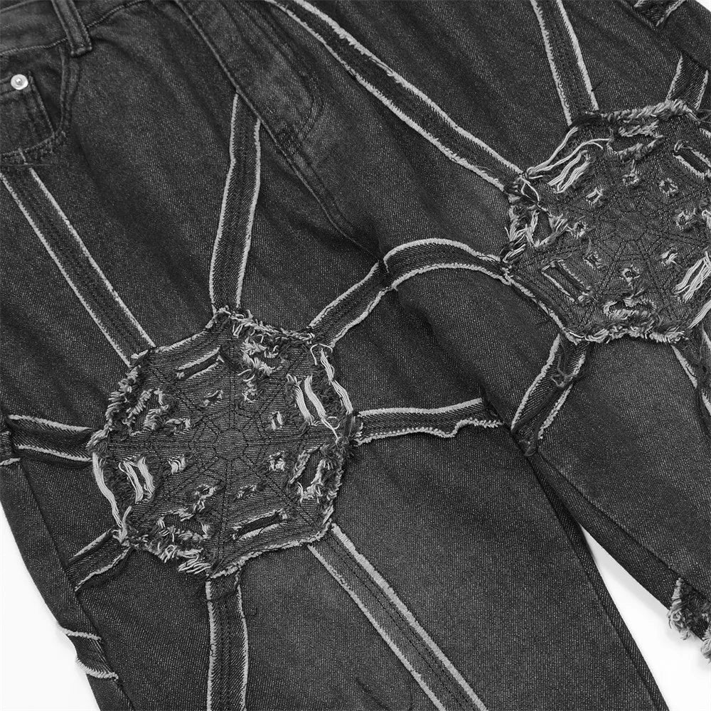 Vintage Gear Patch Punk Jeans High Street Spiderweb Straight Leg Pants Men's Wide Leg Pants Black Cargo Pants Y2k Clothes Baggy