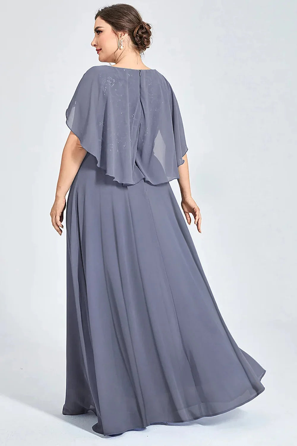 Plus Size Chiffon Sequin Cape Tunic Maxi Dress Elegant Wedding Guest Dress Pleated High Waist Formal Cocktail Bride Dresses