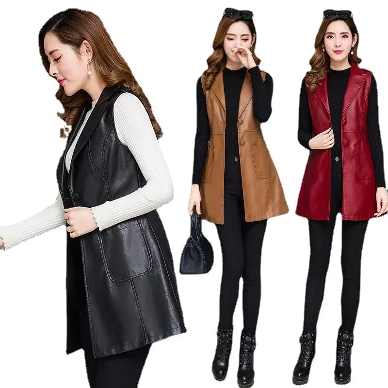 Faux Leather Vest Women's Clothing 2022 PU Autumn Jacket Korean Solid Sleeveless Vest Mid Long Coat Female Waistcoat Outerwear