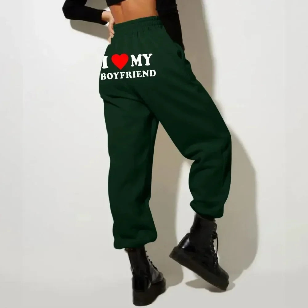 I Love My Boyfriend Printed Sweatpants Y2k High Elastic Waist Drawstring Baggy Trousers Vintage Casual Loose Straight Pants