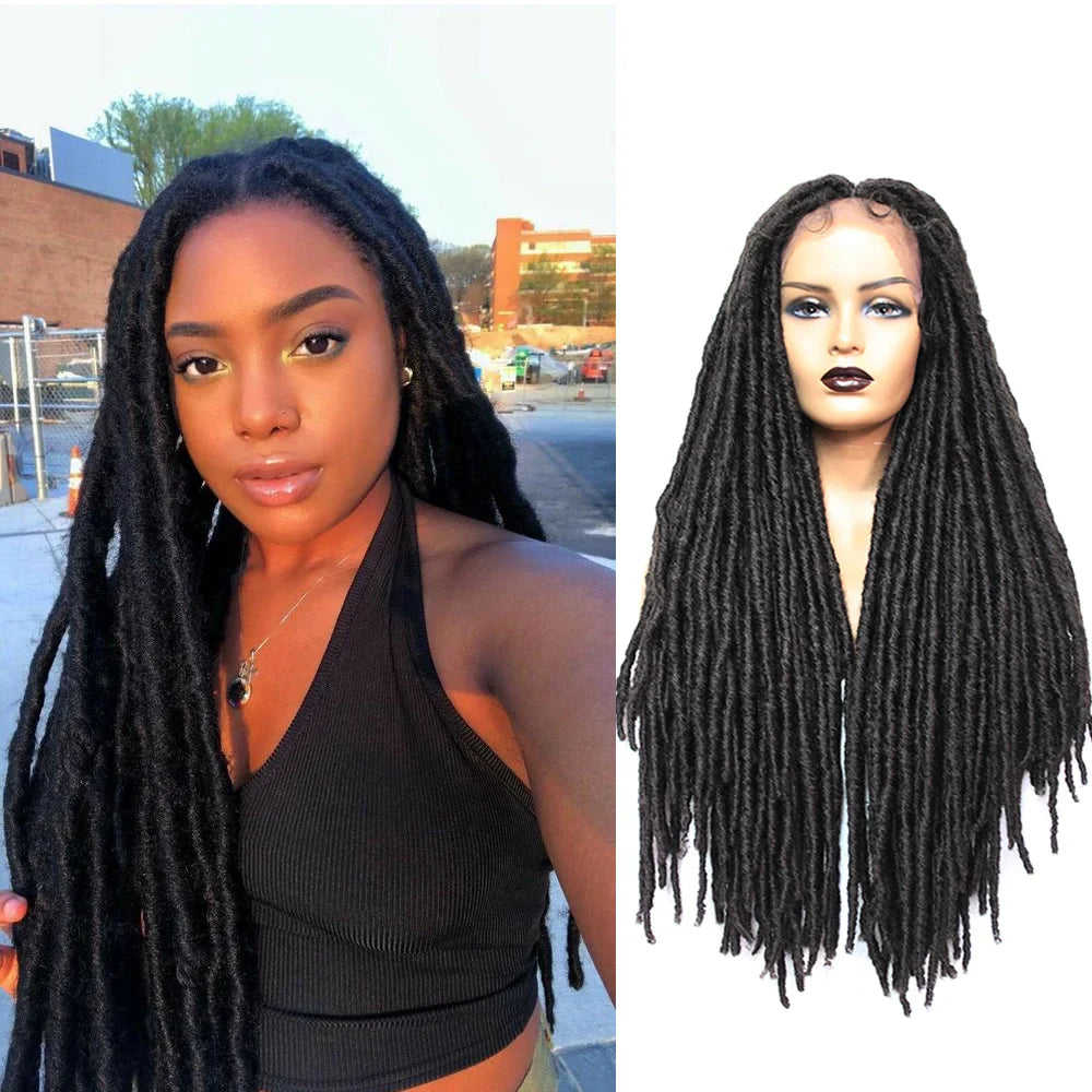 SOKU Braided Wig Middle part Lace Wig With Faux Locs Crochet Braid Hair 26 Inch Long Dreadlock Ombre Brown Synthetic Braids Wigs