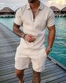 New 2024 Men's Polo Suit Fashion Men Sets Solid Summer V-neck Zipper Short Sleeve POLO Shirt+Shorts Two Pieces Men Casual Suit