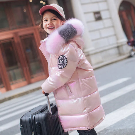 3-14 Years Old Winter Boys Girls Jacket Long Style Hooded Fur Collar Colorful Heavy Coat For Kids Children Outerwear