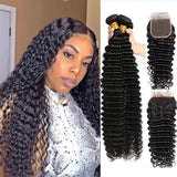 Deep Wave Brazilian Hair Weave Raw Bundle Human Hair Curly Weave 4x4 Lace Closure with Human Hair Bundles 30 inch Hair Weave