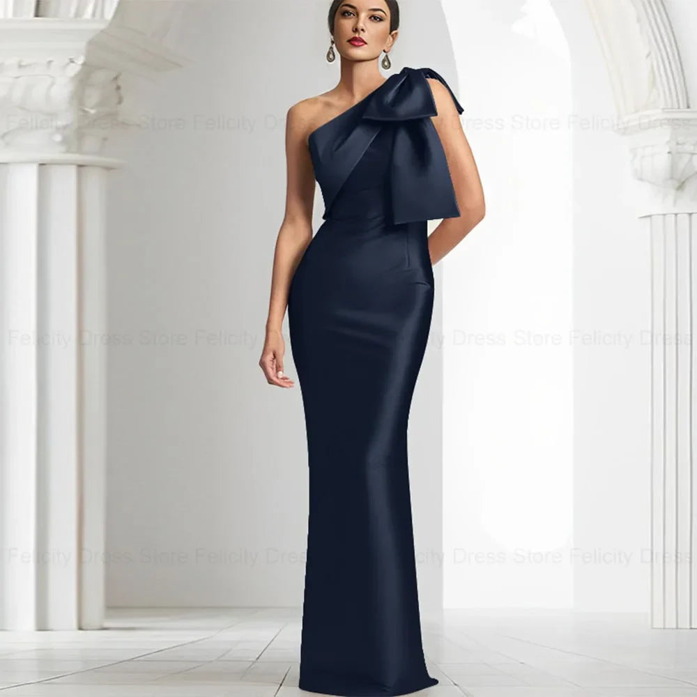 Exquisite Mother of the Bride Dresses 2023 Sheath One-Shoulder Satin Bow Floor-Length Wedding Guest Dresses فستان حفلات الزفاف