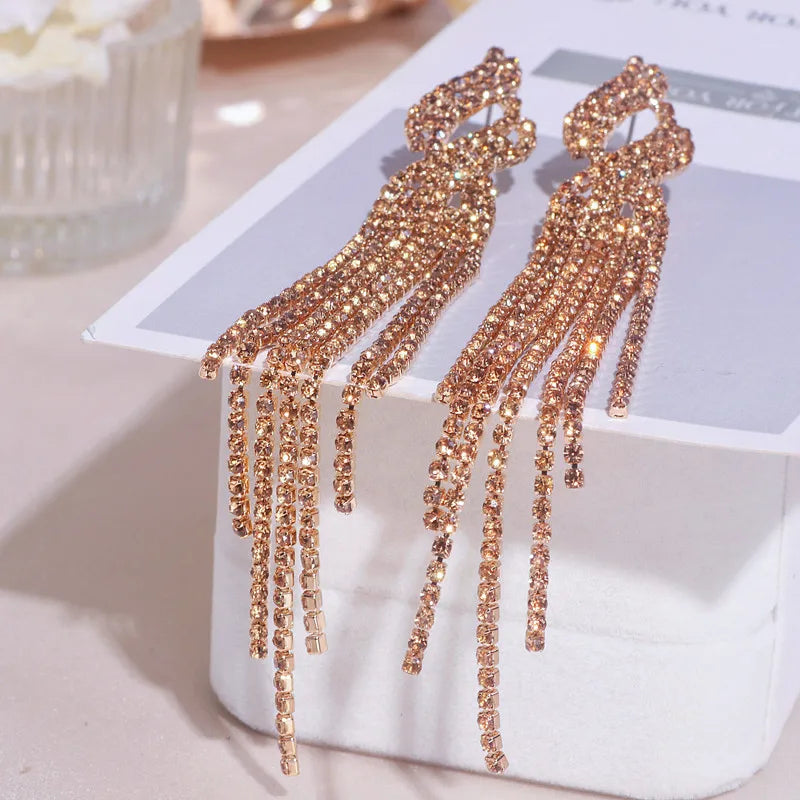 2022 New Sparkling Full Rhinestone Long Tassel Dangle Earrings for Women Bijoux Trendy Large Drop Earrings Wedding Jewelry Gifts