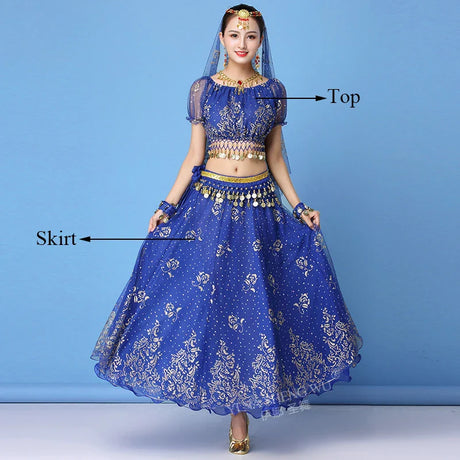 New Bollywood Costume Set Belly Dance Performance Clothes Chiffon Sequin Skirt Set Adult Women Indian Dance Costume Set