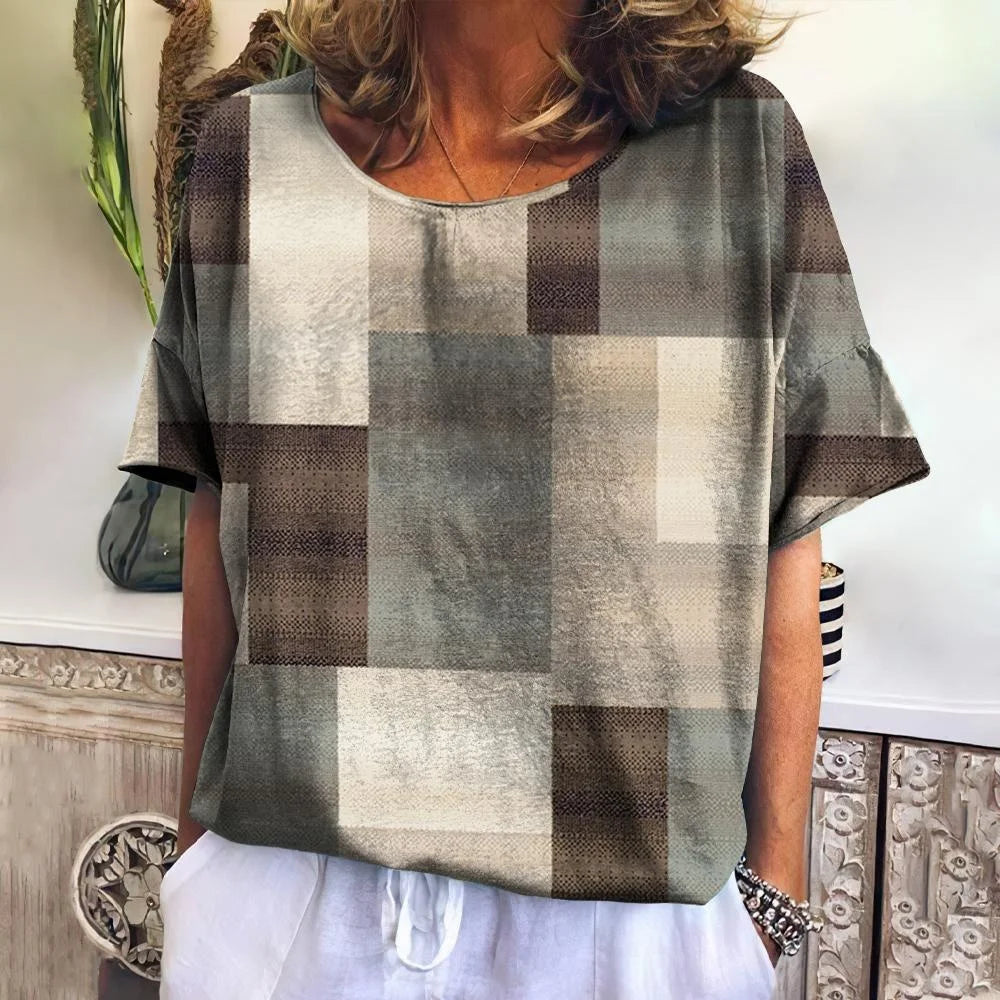 Summer Plaid T Shirt For Women O Neck Casual Sweatshirt Tees Haruku Clothing Plus Size Short Sleeve Blouse Female Fashion Tops