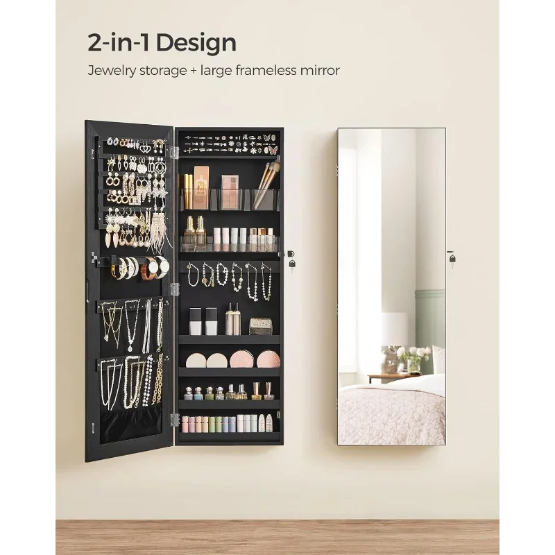 SONGMICS Mirror Jewelry Cabinet Armoire, Wall or Door Mounted Jewelry Storage Organizer, Hanging Lockable Frameless Mirror Cabin