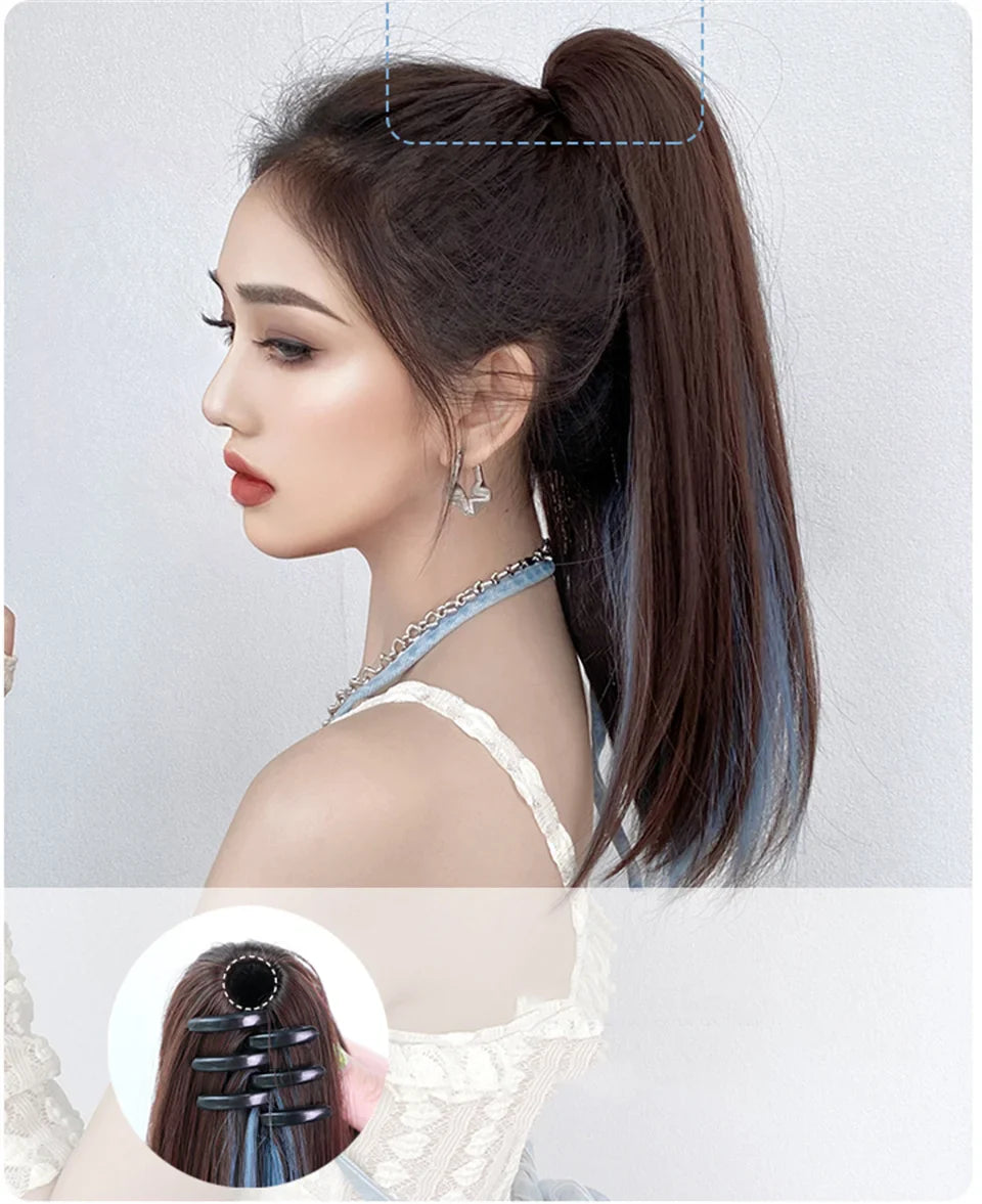 Long Wavy Straight Claw Clip On Ponytail Hair Black mixed with blue Synthetic Ponytail Hair For Women Pony Tail Hair Hairpiece