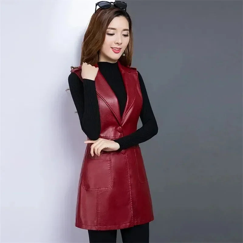 Faux Leather Vest Women's Clothing 2022 PU Autumn Jacket Korean Solid Sleeveless Vest Mid Long Coat Female Waistcoat Outerwear