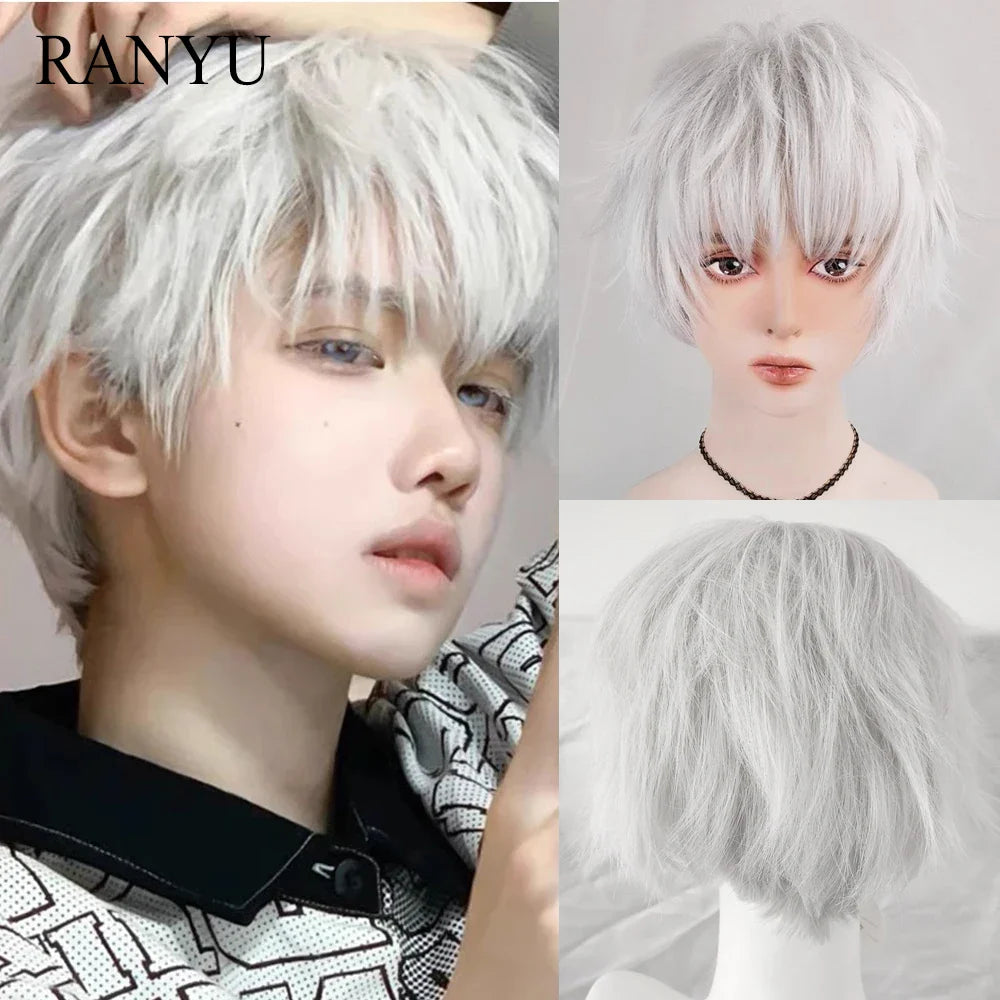 RANYU Synthetic Short Silver White Straight Curly Wigs Anime Men Cosplay Natural Hair Heat Resistant Wig for Daily Party