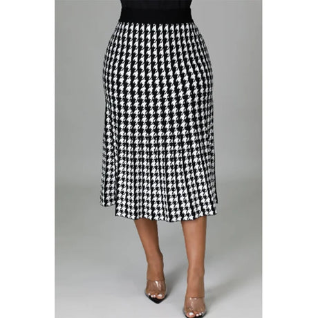 Plus Size Women Plaid Skirt High Waist Bird Lattice Autumn Winter Mid-Calf Skirt Office Lady Casual Vintage Houndstooth Skirt