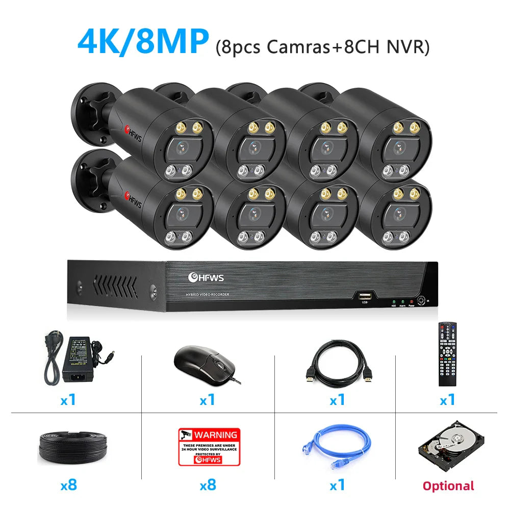 Surveillance Camera System 4K Video Recorder Nvr 8CH Home Outdoor Security Cctv Kit  Security Protection Poe Ip Cameras