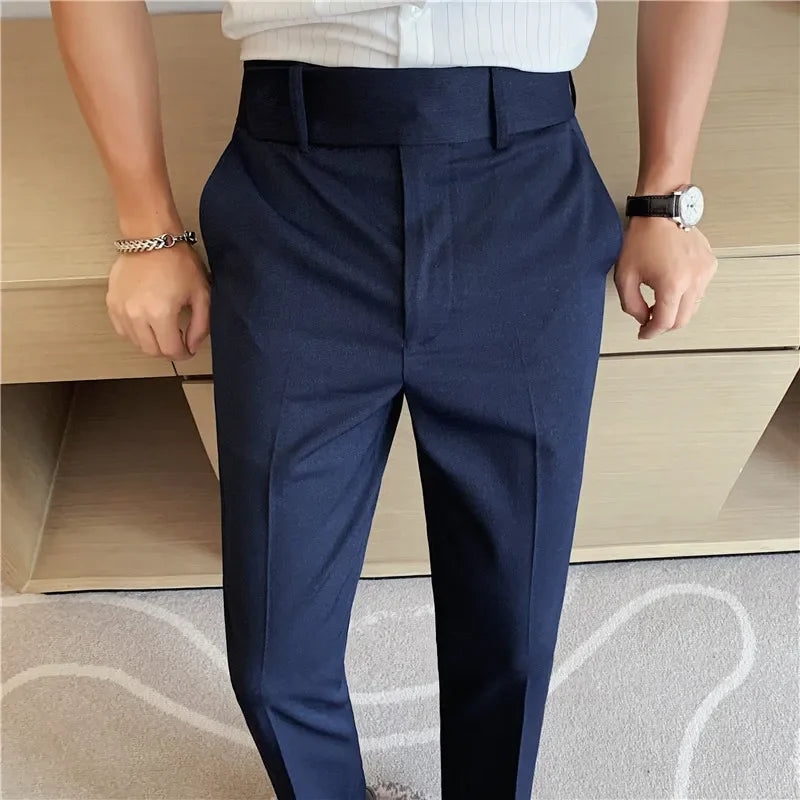 British Style Men High Waist Dress Pants 2023 Autumn Solid Color Casual Trousers Slim Fit Formal Suit Pants Fashion Men Clothing