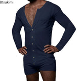 New 2024 Men's Sexy Pajamas Sets Casual One Piece Men Long Sleeve Solid Romper Single-breasted Jumpsuit Sleepwear Nightwear Male