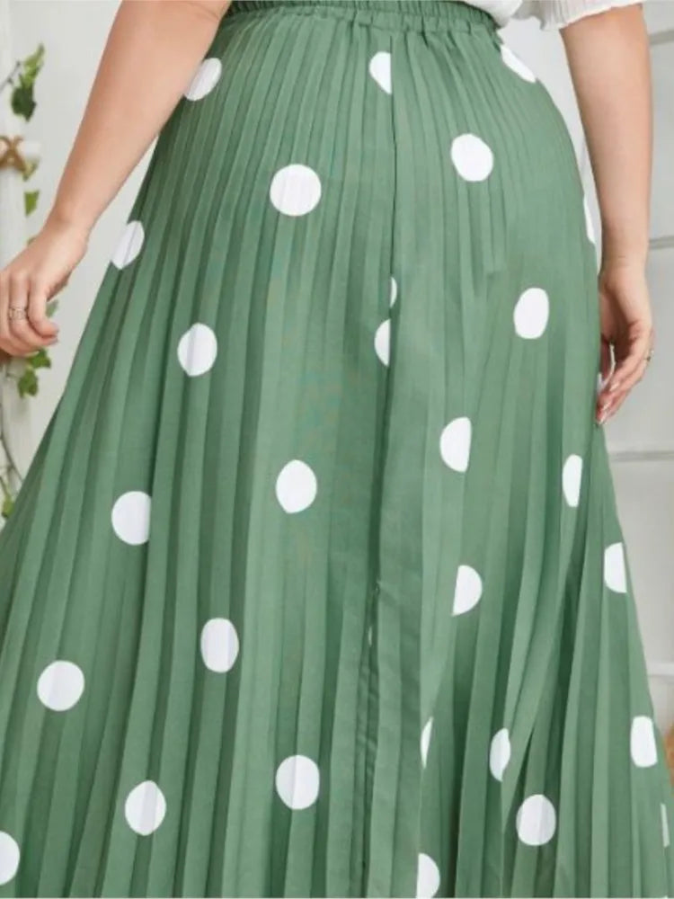 Plus Size Spring Midi Polka Dot Print Skirt Women Ruffle Pleated Loose Modis Office Ladies Skirts Elastic High Waist Woman Skirt