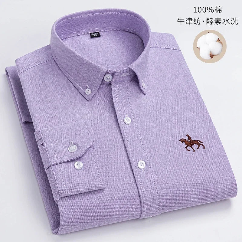 2023 100% Cotton Oxford Man Leisure Embroidered Horse Shirts Streetwear Oversized  Men Shirt Floral Long Sleeve Casual Plus Size