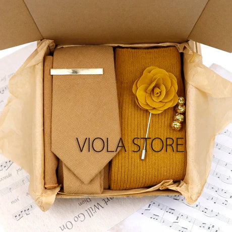 Viola Design 5PCS Gift Box Solid Cotton Sock Tie Sets Clip Pin Cufflinks Hanky Colorful Men Wedding Party Daily Cravat Accessory