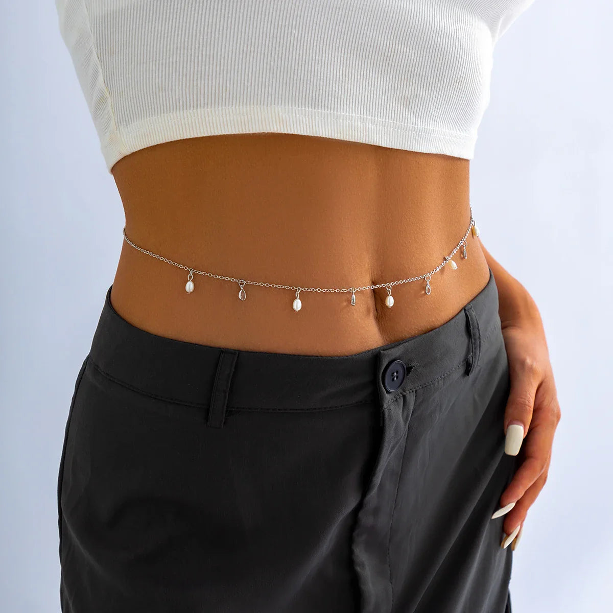 Small Imitation Pearl and Crystal Pendants Waist Chain for Women Sexy Summer Bare Midriff Belts Ladies Belly Chains Body Jewelry