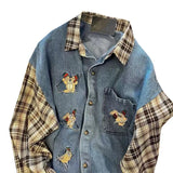 Men's Plaid Stitching Denim Shirt Women's Autumn New Loose Casual Long-sleeved Shirts Jacket Retro Single-breasted Pocket Tops