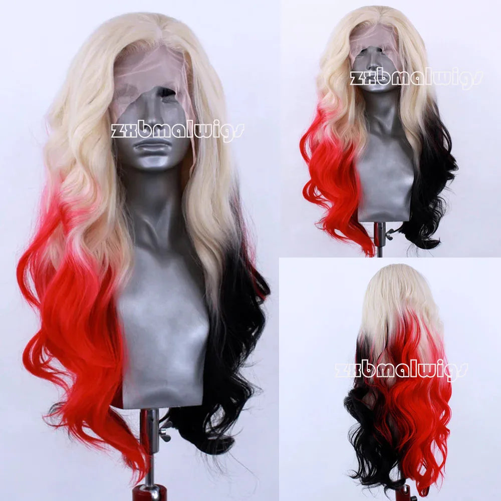 Ombre Blonde to Half Red Black Wavy Synthetic  PrePluckedInvisible Lace Front Heat Resistant Drag Queen Cosplay Wigs For Women