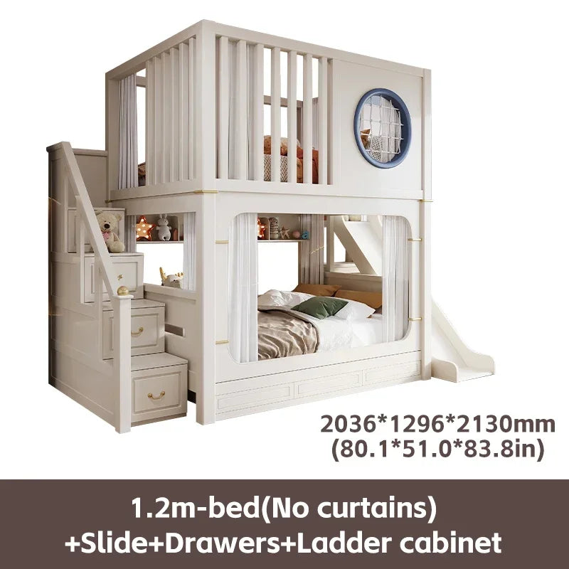 Modern High And Low Kids Bed With Ladder Cabinet Safety Fence Bunk Bed  Multifunctional Solid Wood Children Bed For Boy And Girl