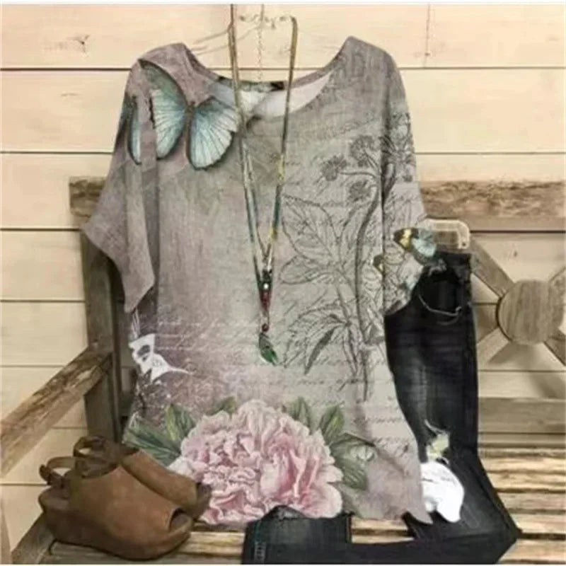 New Fashion Women T-Shirt O-Neck Casual Short Sleeve Flowers Print Tshirt Plus Size Female Summer Harajuku Loose Ladies Pu-shirt