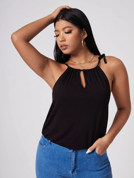 Plus Size Sexy Hater Neck Summer Casual Top Women Tie Detail Keyhole Front Work Office Tank Female Large Size Beach Cami 6XL 7XL