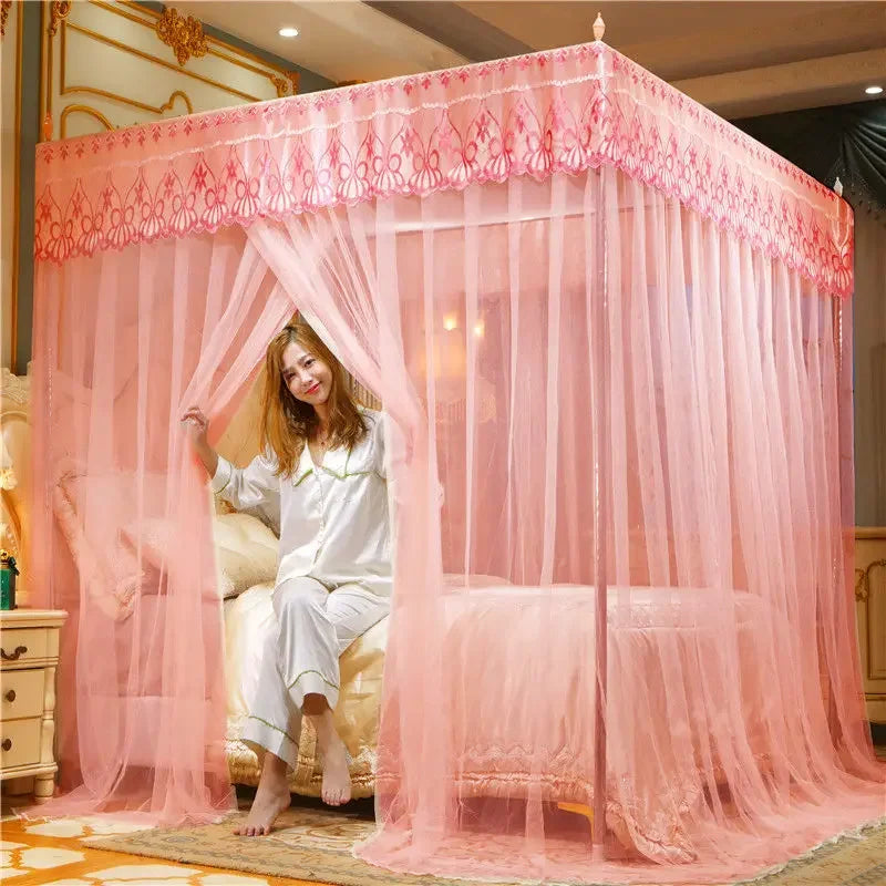 Embroidery Lace Pleated Mosquito Net for Bed Square Romantic Princess Queen Size Double Bed Net Canopy Luxury Mosquito Tent Mesh