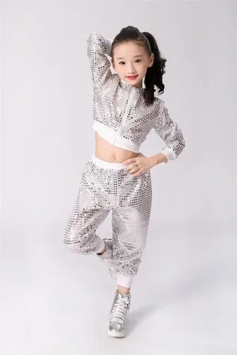 Children Sequin Hip-hop Jazz Dance Costume Girls Student Street DanceWear Ballroom Dancing Competitions Performance Stage Cloth