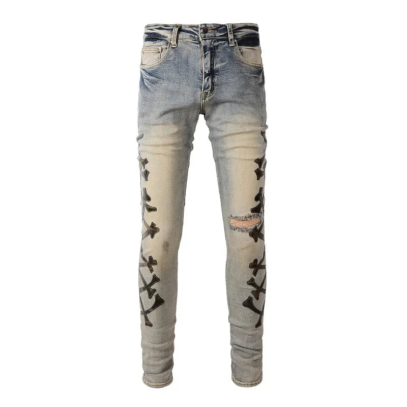 Men's Camouflage Leather Bones Patches Jeans Vintage Blue Stretch Denim Skinny Tapered Pants Holes Ripped Distressed Trousers