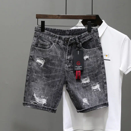 Summer 2022 Light Blue Ripped Cat Whisker Patch Letter Print Slim Denim Shorts Teenagers Jeans Boys and Girls Cowboy Short Pants