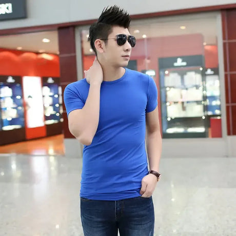 Man Tee Shirts No Logo Top Plain Blue T Shirt for Men Muscles Skinny Slim Fit O Neck Gym Cheap Clothes and Free Shipping Summer