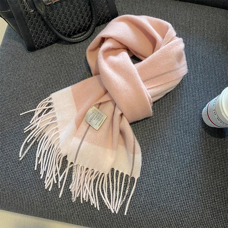 High Quality 100% Wool Scarf Female Fashion Classic Soft Cashmere Muffler Women Warm Thermal Shawl Outside Autumn Winter