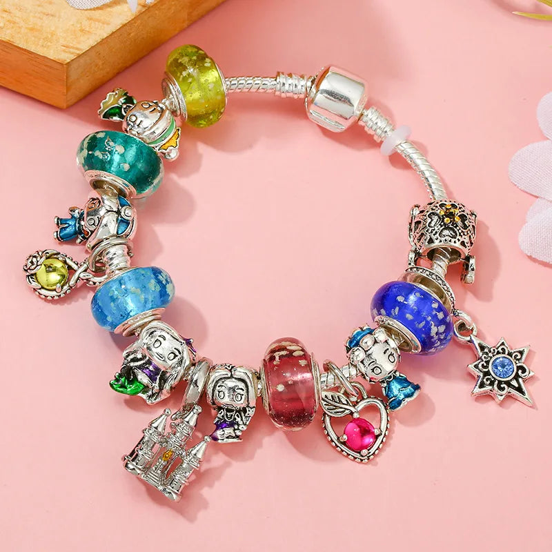 Cute Enamel Disney Princess Dress Charms Bracelet Women Colorful Glass Beads for Jewelry Making Girl Cartoon Skirt Pendants Gift