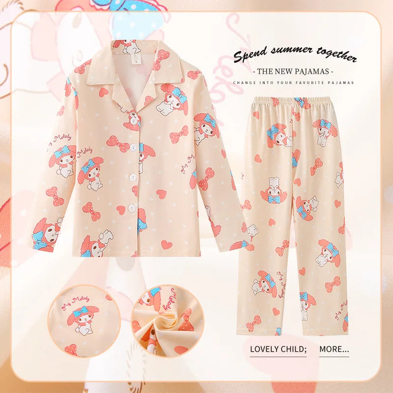 2024 Kawaii Miniso Spring Autumn Children Pajamas Anime Kuromi Cinnamoroll Pochacco Boy Girl Milk Silk Sleepwear Kids Loungewear