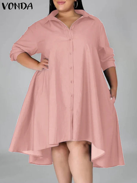 Plus Size 5XL VONDA Women Vintage Shirt Dress 2023 Autumn Denim Long Sleeve Asymmetrical Midi Vestidos Solid Elegant Sundress