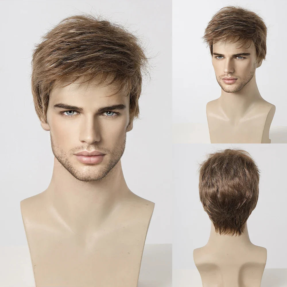 Bob Pixie Cut Wig for Men Light Brown Short Straight Synthetic Layered Wig with Bangs Natural Looking Hair for Cosplay Daily