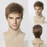 Bob Pixie Cut Wig for Men Light Brown Short Straight Synthetic Layered Wig with Bangs Natural Looking Hair for Cosplay Daily