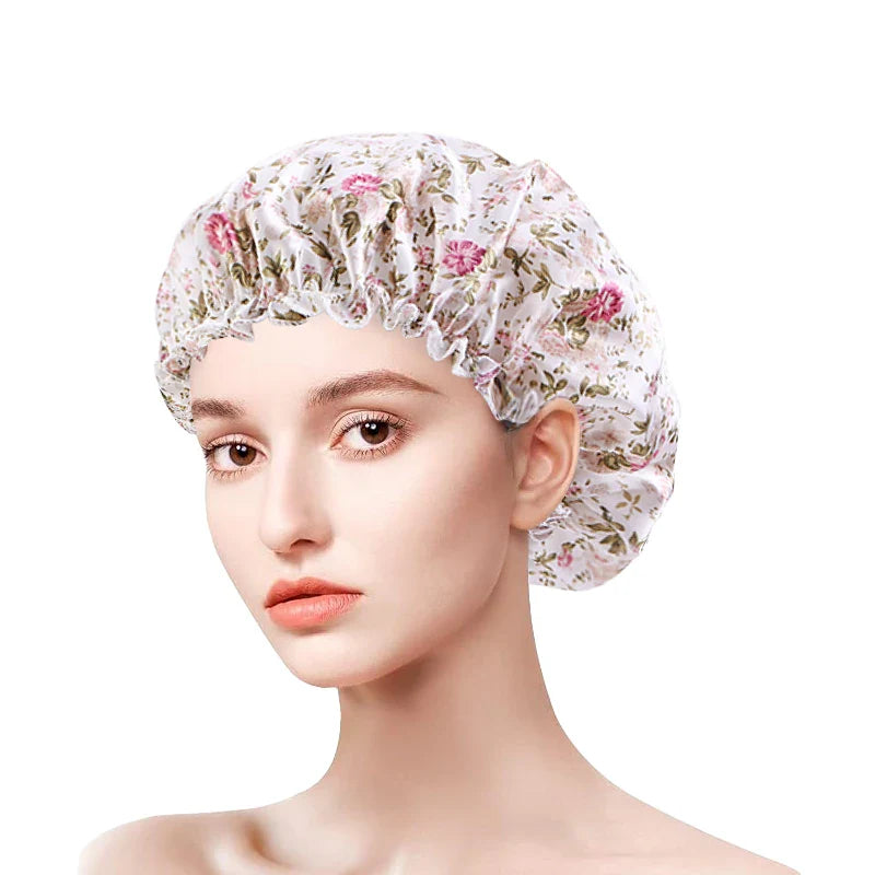 Women Satin Bonnets Printed Floral Edge Nightcap Fashion Imitated Silk Fabric Home Cap Lady Elastic Hair Care Beauty Makeup Hat