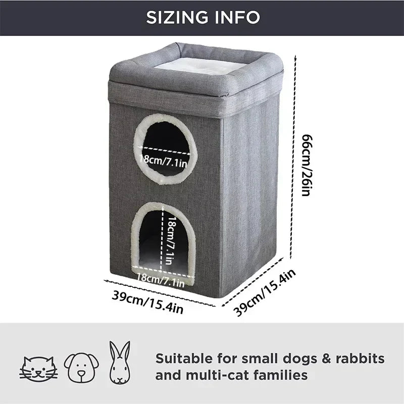 Foldable Cat House with Scratch Pad, Hideaway Condo for Kitty, Hut Covered Kitten Bed, Pet Furniture, 2 Level