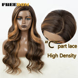 FREEDOM Synthetic Lace Front Wigs for Women C Part Wig Ombre Brown Rose Red Color Body Wave Lace Wigs Highlight Cosplay Wig