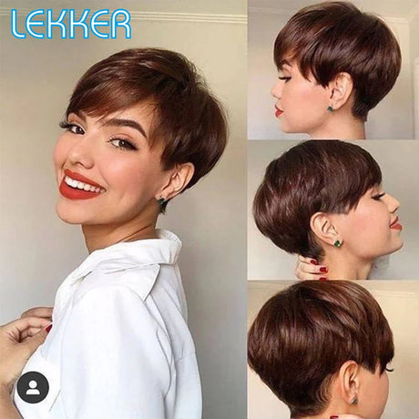 Lekker Colored Short Straight Bob Pixie Human Hair Wig With Bangs For Women Brazilian Remy Hair Non Lace Burgundy Red Cheap Wigs