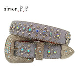 Punk Rock Colorful Rhinestones Belt Studded Western Bling Belts Y2K for Women Men Cowgirl Cowboy with Diamond Ceinture Femme